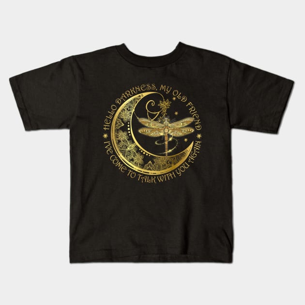 Hello Darkness My Old Friend Hippie Moon Dragonfly Kids T-Shirt by Raul Caldwell